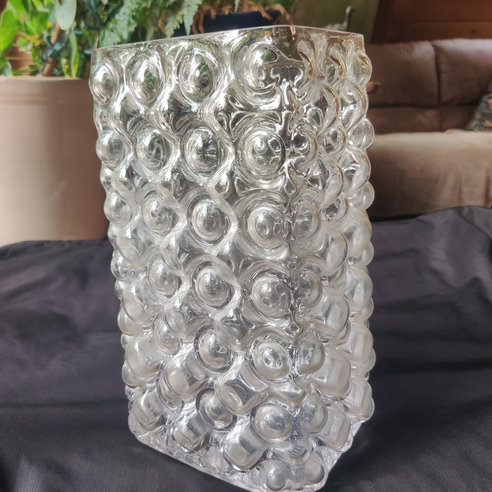 MCM Bubble Art Glass Vase 12" Geometric Optic Modernist Cube Large Heavy Block